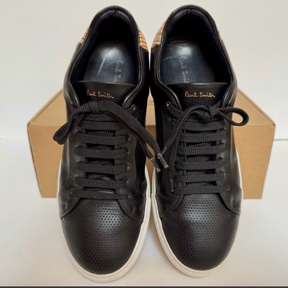 Paul Smith Men’s Black Leather Sneakers with Signature Stripe Heel Panels Size 9